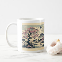 Japanese Woodblock Cherry Blossom Crane Mount Fuji Coffee Mug