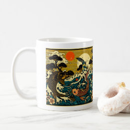 Japanese Woodblock Golden Carp Peony Waves Art Coffee Mug