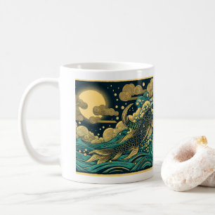 Japanese Woodblock Golden Koi Fish Leaping Waves A Coffee Mug