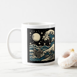 Japanese Woodblock Great Wave Fish Starry Night Coffee Mug
