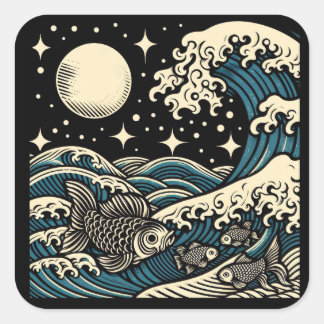 Japanese Woodblock Great Wave Fish Starry Night Square Sticker