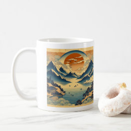 Japanese Woodblock Mountain Sunset Temple Lake Art Coffee Mug