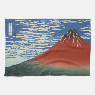 Japanese Woodblock: Red Fuji Southern Wind Tea Towel