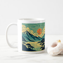 Japanese Woodblock Teal Mountains Orange Sunset Ar Coffee Mug