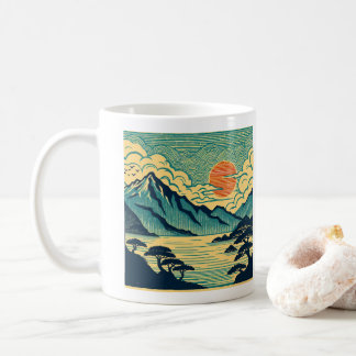 Japanese Woodblock Teal Mountains Orange Sunset Ar Coffee Mug