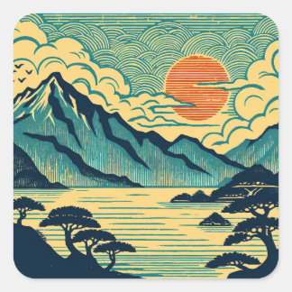 Japanese Woodblock Teal Mountains Orange Sunset Ar Square Sticker