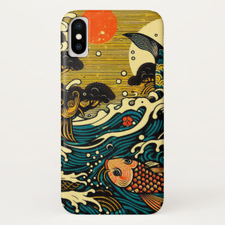 Japanese Woodblock Two Koi Fish Pine Tree Sun Art iPhone X Case
