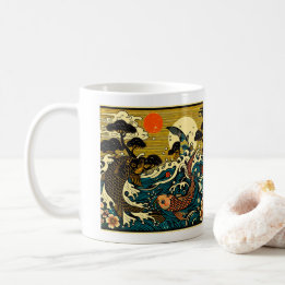 Japanese Woodblock Two Koi Fish Pine Tree Sun Art Coffee Mug