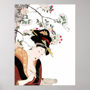 Japanese woodblock woman portrait woman writing  poster