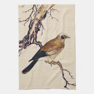 Japanese Woodcut of a Finch, Brown and Beige Tea Towel