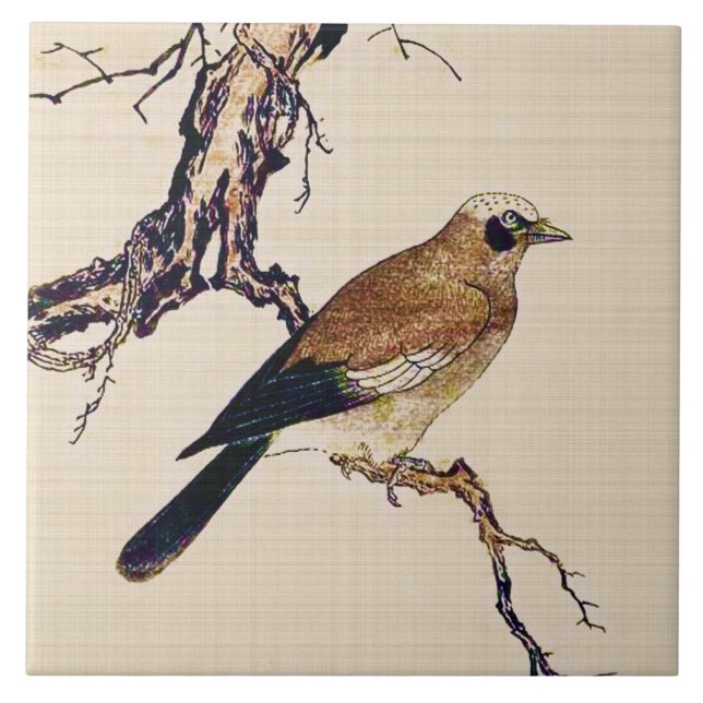 Japanese Woodcut of a Finch, Brown and Beige Tile (Front)