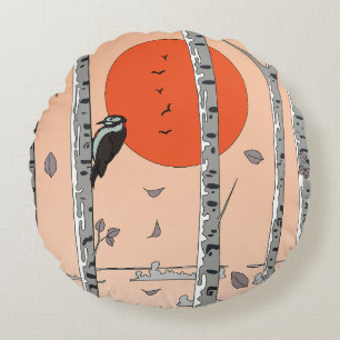 Japanese Woodpecker Round Cushion
