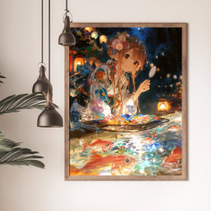 Japanese Yukata Girl, Retro Anime Wall Art
