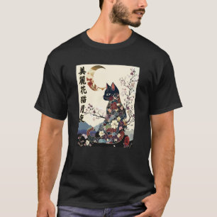 Japanese Zen Cat Geisha Kimono Crescent Moon Retro T-Shirt