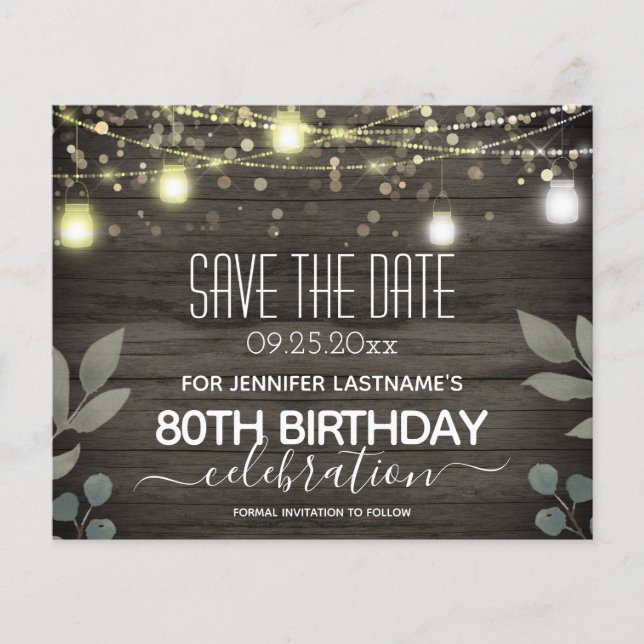 Jar Light 80th Birthday Save the Date Budget (Front)