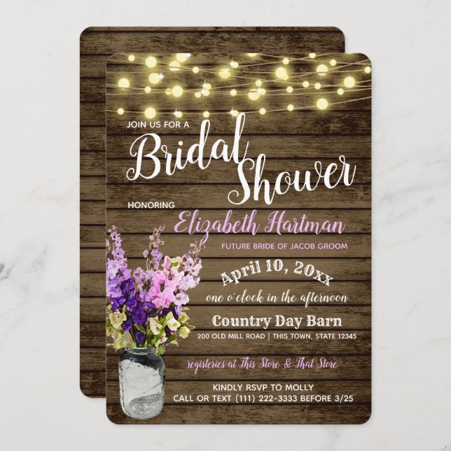 Jar of Delpheniums and Lights Rustic Bridal Shower Invitation (Front/Back)
