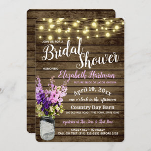 Jar of Delpheniums and Lights Rustic Bridal Shower Invitation