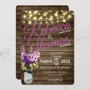 Jar of Delpheniums and Lights Rustic Wedding Invitation
