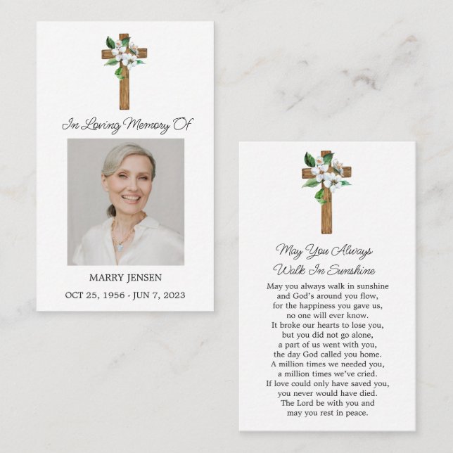 Jasmine Cross Memorial Photo Funeral Prayer Card (Front/Back)
