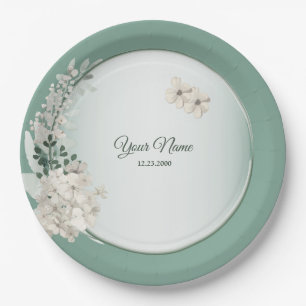 Jasmine Floral Green Geometric Wedding Party Paper Plate