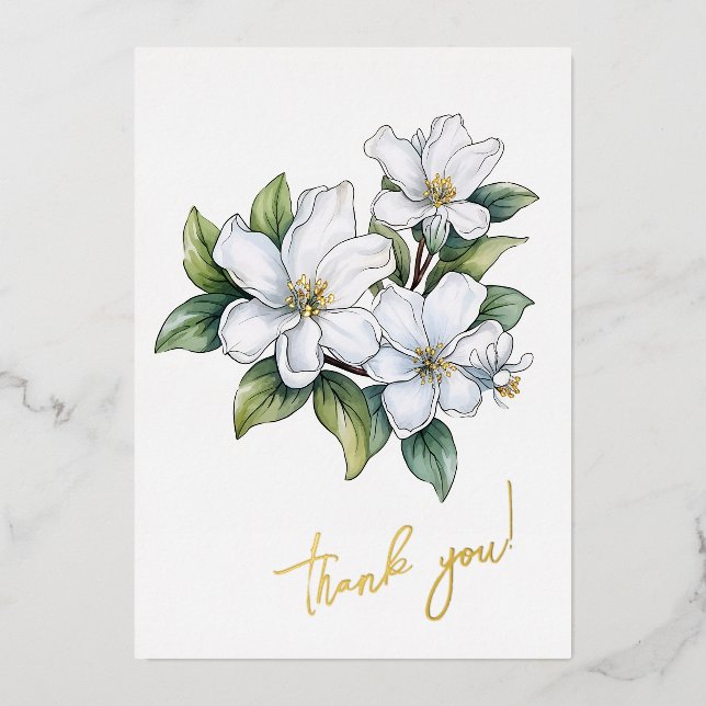 Jasmine Flower "Thank you!" Editable Foil Holiday Card (Front)