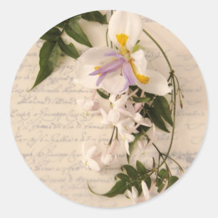 jasmine flowers and lily with script round sticker