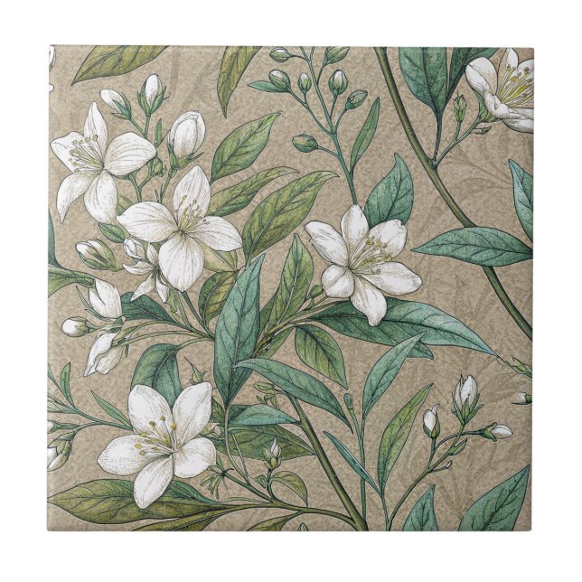 Jasmine flowers vintage botanicals seamless ceramic tile (Front)