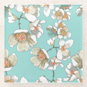 Jasmine Flowers: Watercolor Light Turquoise Glass Coaster