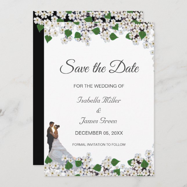 Jasmine on Black & White Wedding Save the Date Card (Front/Back)