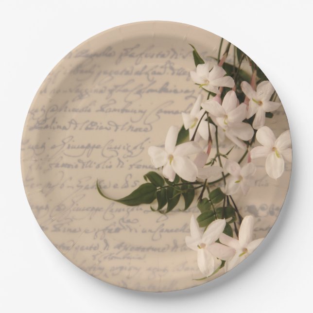 Jasmine on old script paper plate (Front)