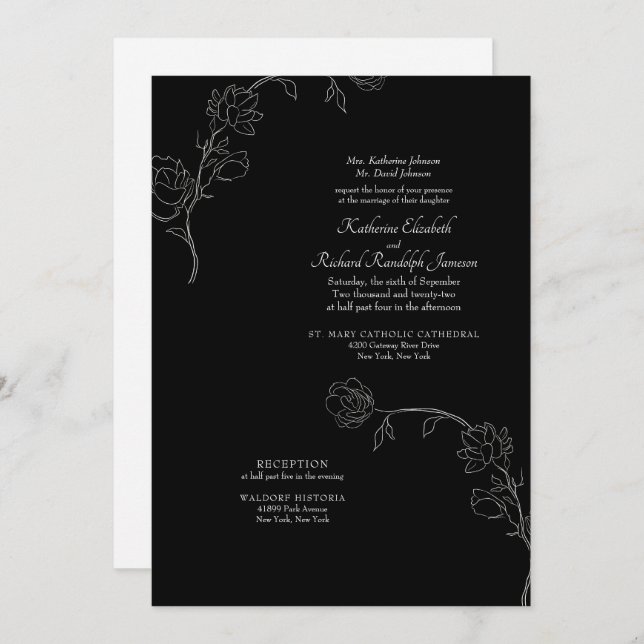 Jasmine Outline Black Formal Wedding  Invitation (Front/Back)