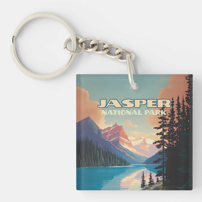 Jasper National Park Alberta Canada Rockies Retro Key Ring (Front)