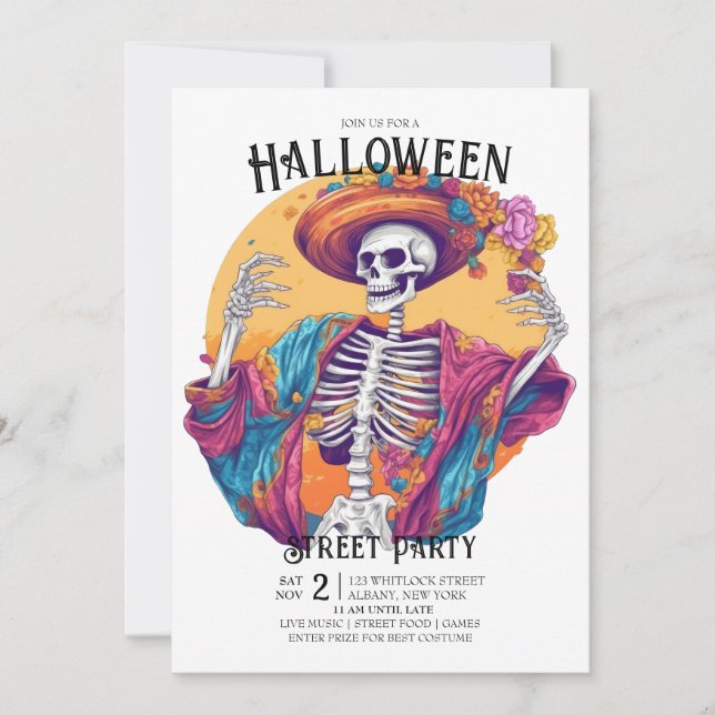 Jaunty Skeleton Flamboyant Dance Halloween Party Invitation (Front)