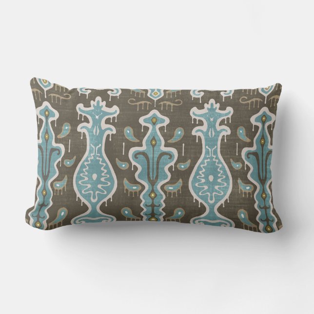 Java Ikat Print Lumbar Pillow, Brown & Turquoise Cushion (Front)