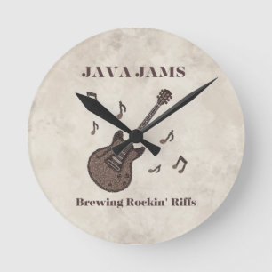 Java Jams-Brewing Rockin' Riffs-Coffee-Guitar- Round Clock