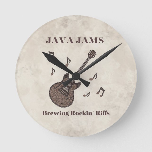 Java Jams-Brewing Rockin' Riffs-Coffee-Guitar- Round Clock (Front)