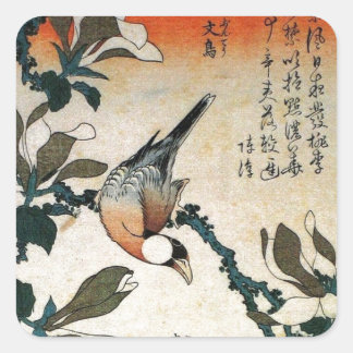 Java Sparrow and Kobushi Magnolia (by Hokusai) Square Sticker