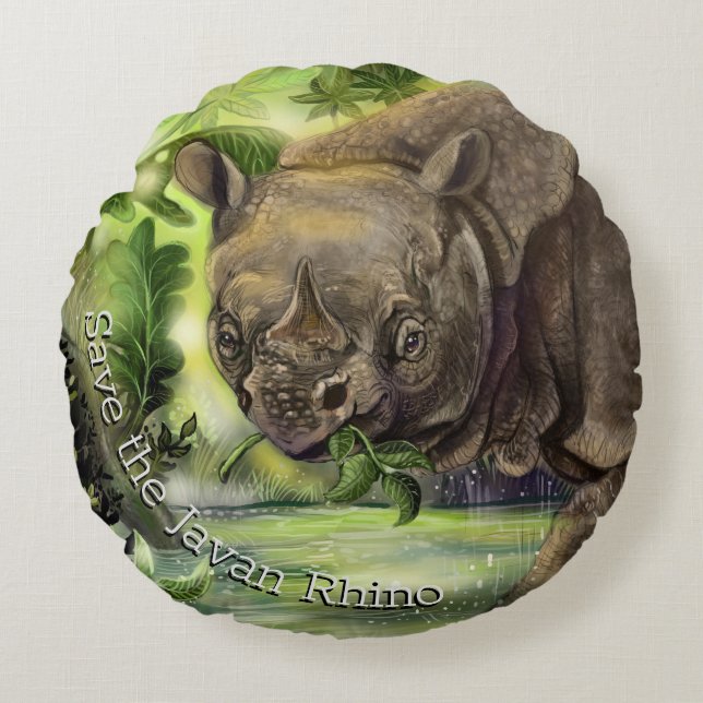Javan Rhino Art Round Cushion (Front)