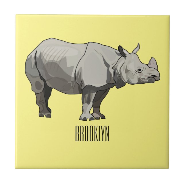 Javan rhinoceros cartoon illustration ceramic tile (Front)