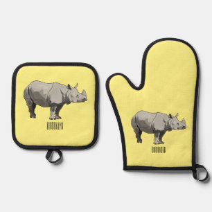Javan rhinoceros cartoon illustration oven mitt & pot holder set