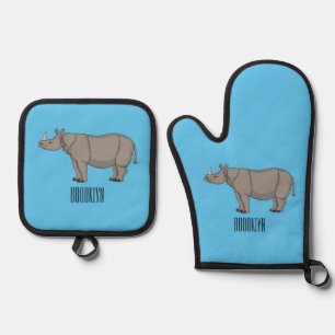 Javan rhinoceros cartoon illustration oven mitt & pot holder set