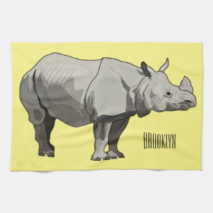 Javan rhinoceros cartoon illustration tea towel