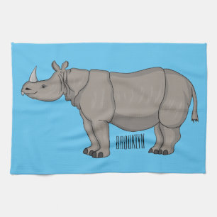 Javan rhinoceros cartoon illustration tea towel