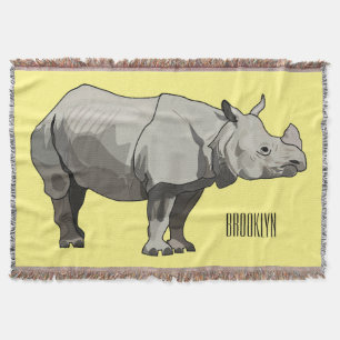 Javan rhinoceros cartoon illustration throw blanket