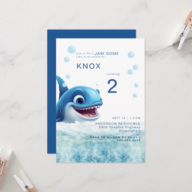 Jaw-some Shark Bite Birthday Party Invitation (Front/Back In Situ)