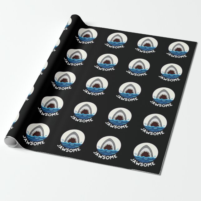Jawsome Funny Shark Teeth Pun Dark BG Wrapping Paper (Unrolled)