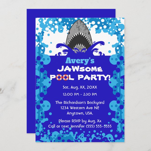 Jawsome Shark Themed Pool Party Birthday Invitation (Front/Back)