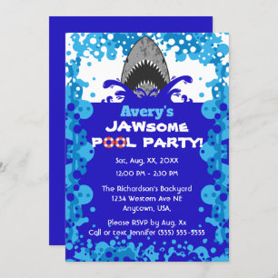 Jawsome Shark Themed Pool Party Birthday Invitation