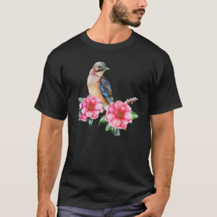 Jay Bird On Pink Camellia Blossom Birding  Bird Wa T-Shirt