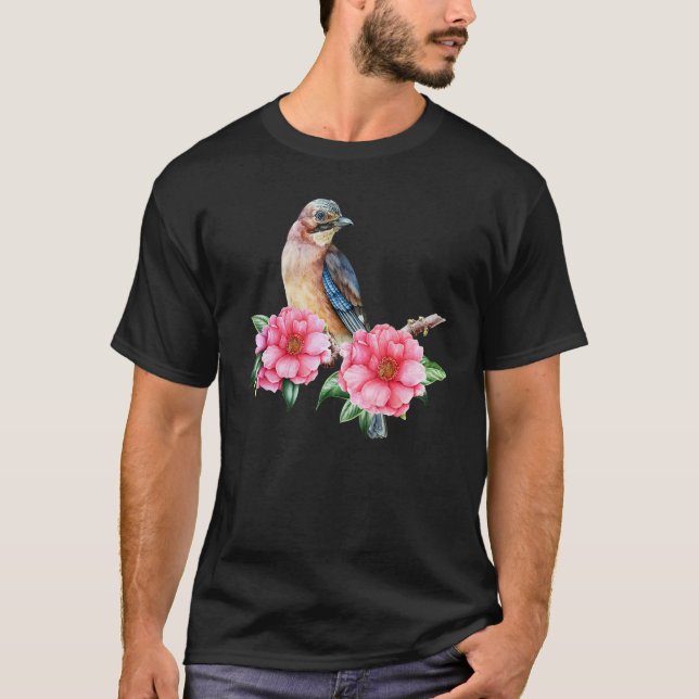 Jay Bird On Pink Camellia Blossom Birding  Bird Wa T-Shirt (Front)